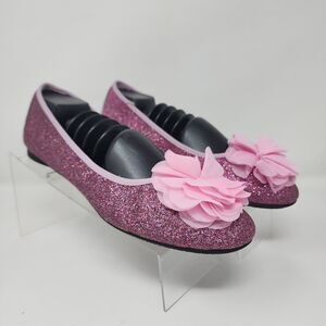 Lands End Ballet Flat Womens 6.5 Pink Glitter Flower Shoes